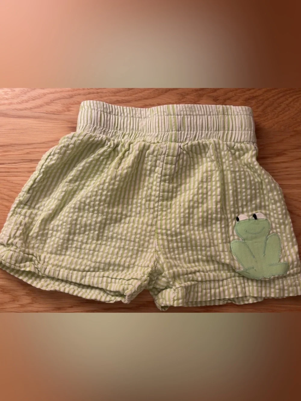 Light Green Seersucker Diaper Cover Shorts with Frog Appliqué